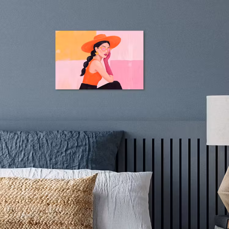 Vrouw - Hoed - Mode - Modern - Oranje poster papier klein -sfeer2