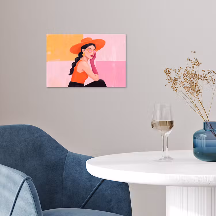 Vrouw - Hoed - Mode - Modern - Oranje poster papier klein -sfeer3