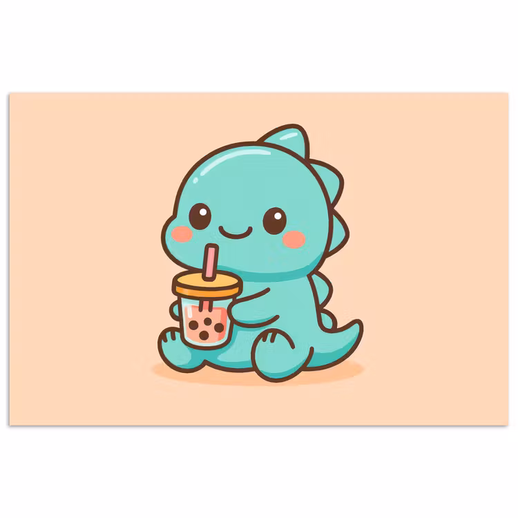 Dino - Boba - kawaii - Oranje poster papier klein -3d