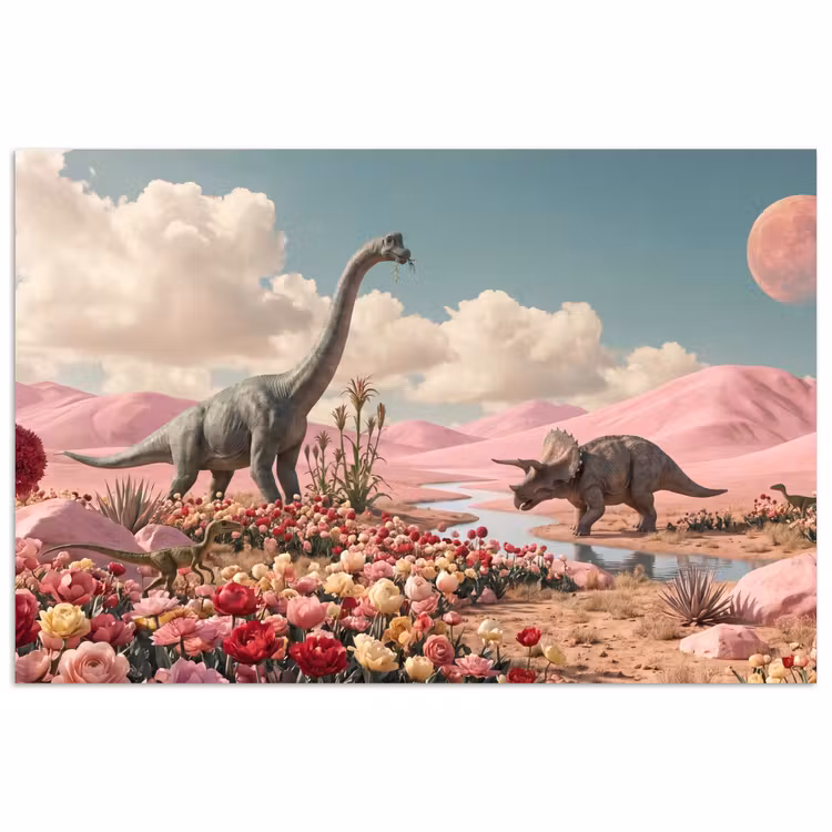 Poster - Dinosaurier – Rosa – Landschaft - Dinosaurus - Roze - Landschap poster papier klein