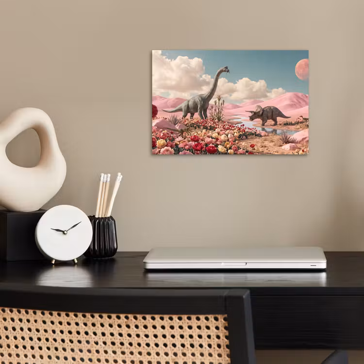 Poster - Dinosaurier – Rosa – Landschaft - Dinosaurus - Roze - Landschap poster papier klein