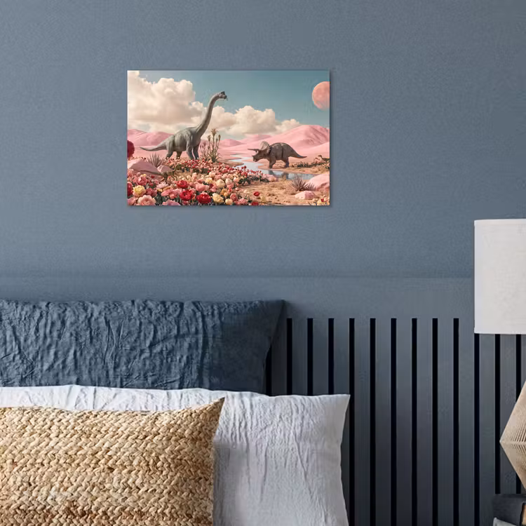 Poster - Dinosaurier – Rosa – Landschaft - Dinosaurus - Roze - Landschap poster papier klein