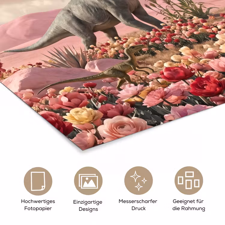 Poster - Dinosaurier – Rosa – Landschaft - Dinosaurus - Roze - Landschap poster papier klein