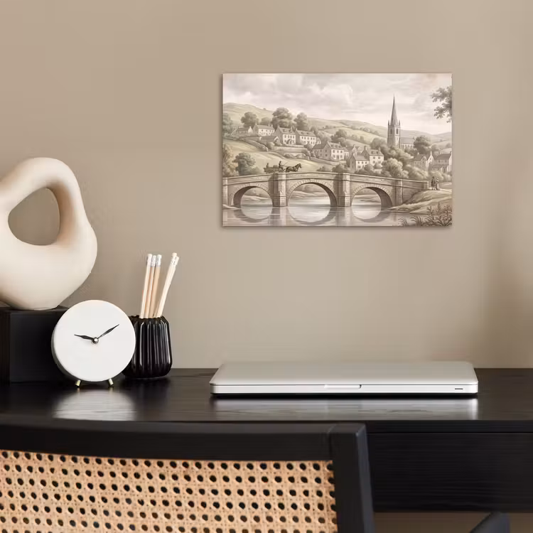 Dorp - Brug - Uitzicht - Groen poster papier klein -sfeer1