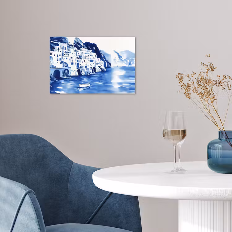 Dorp - Rotswand - Roeiboot - Water poster papier klein -sfeer3