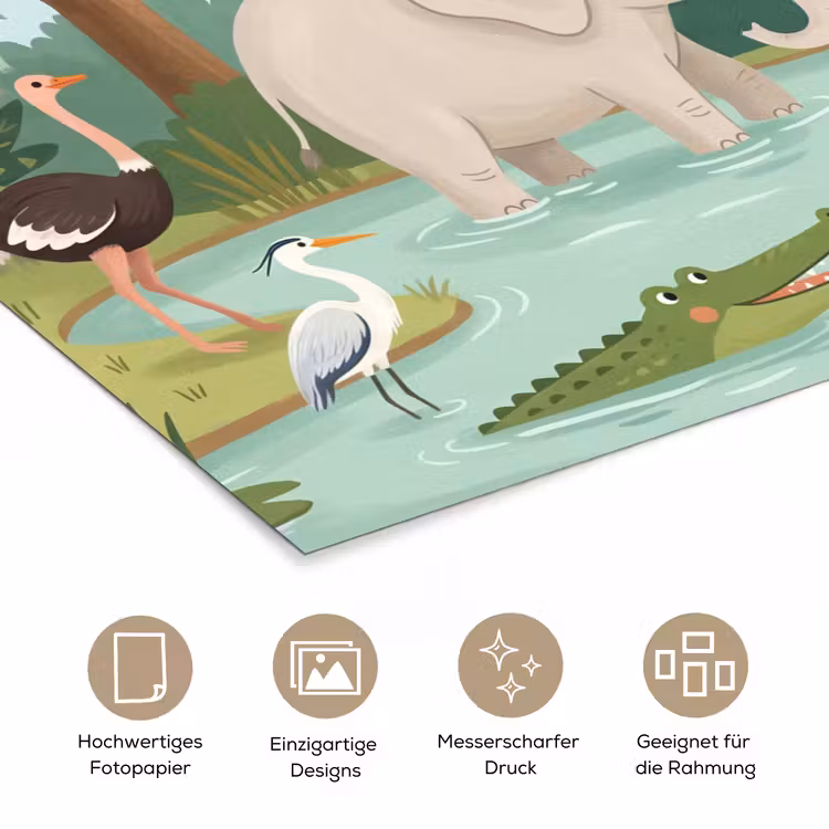 Jungle - Oase - Dieren - Kleurrijk poster papier klein -tcloseup_DE