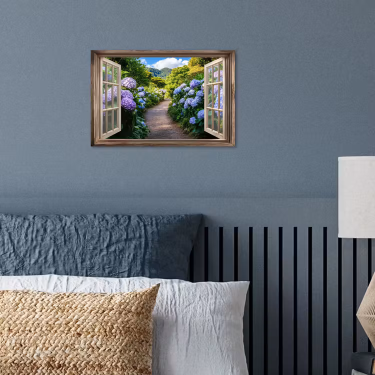 Doorkijk - Hortensia - Pad - Natuur poster papier klein -sfeer2