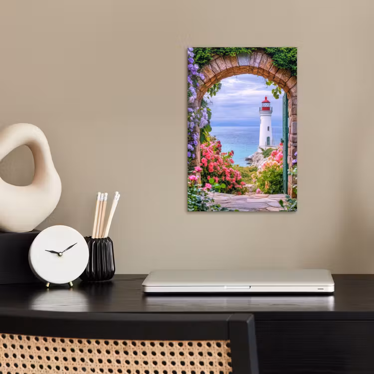 Doorkijk - Vuurtoren - Bloemen - Uitzicht poster papier klein -sfeer1