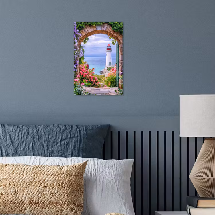 Doorkijk - Vuurtoren - Bloemen - Uitzicht poster papier klein -sfeer2