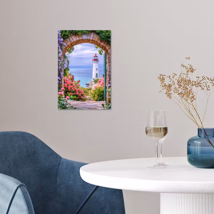 Doorkijk - Vuurtoren - Bloemen - Uitzicht poster papier klein -sfeer3