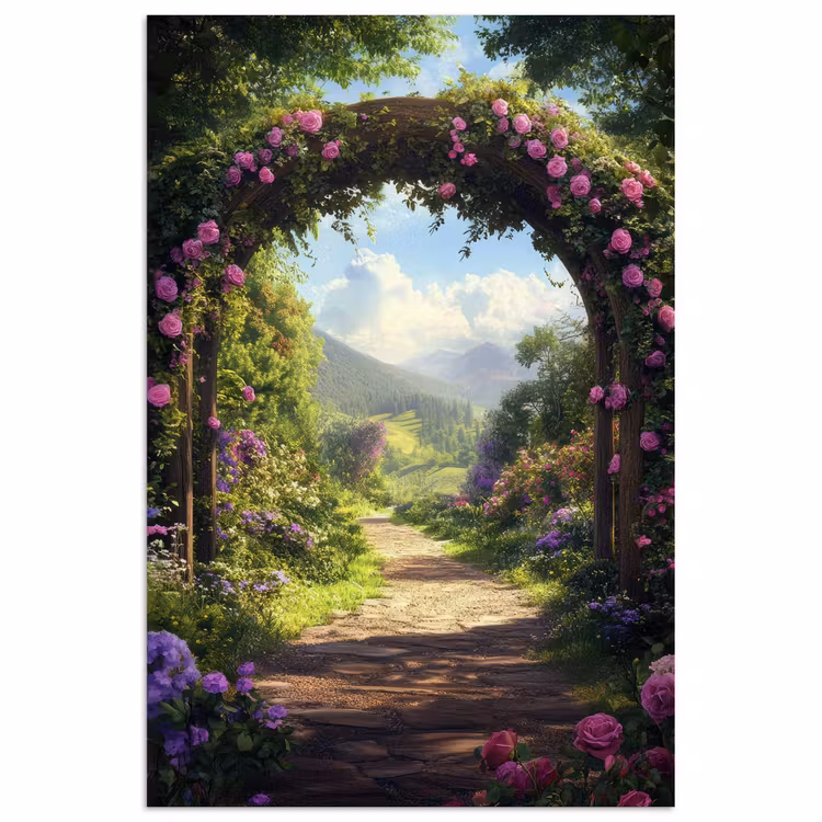 Doorkijk - Rozenboog - Uitzicht - Landschap - Bloemen poster papier klein -3d
