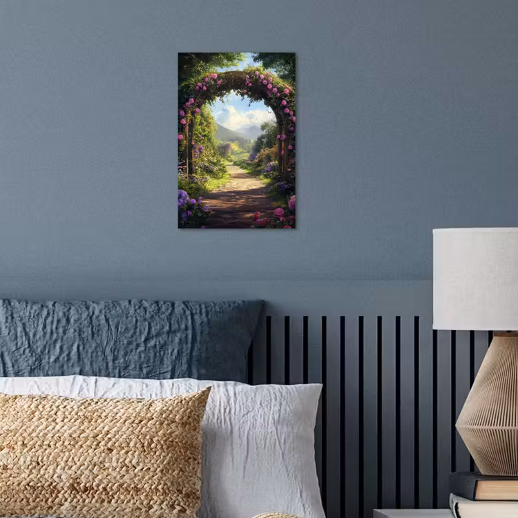 Doorkijk - Rozenboog - Uitzicht - Landschap - Bloemen poster papier klein -sfeer2