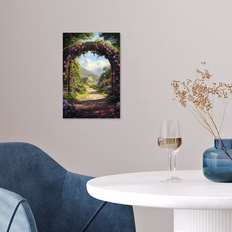 Doorkijk - Rozenboog - Uitzicht - Landschap - Bloemen poster papier klein -sfeer3