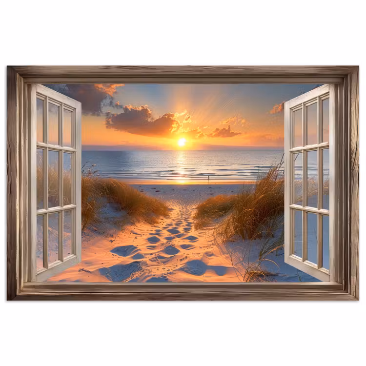 Doorkijk - Strand - Duinen - Zonsondergang poster papier klein -3d