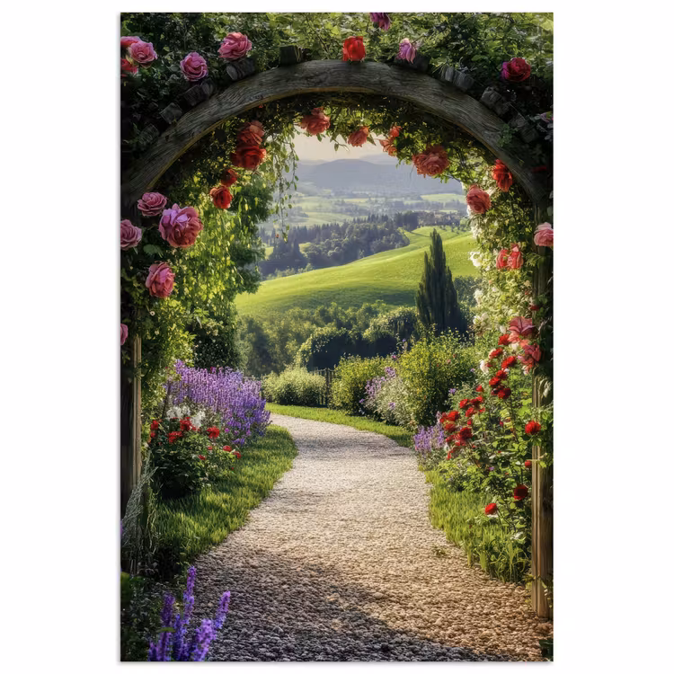 Doorkijk - Tuinboog - Bloemen - Natuur - Pad poster papier klein -3d