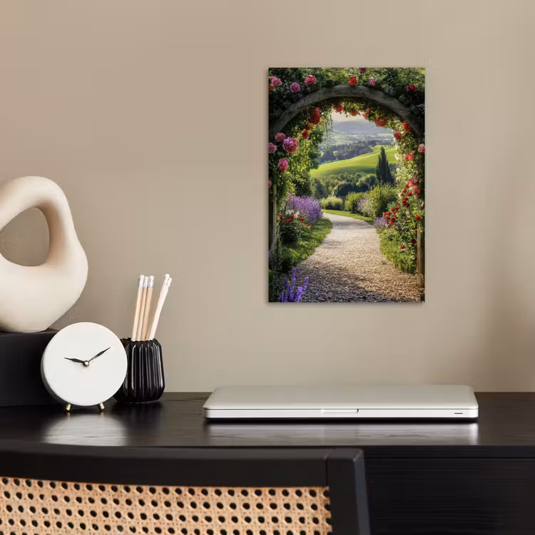 Doorkijk - Tuinboog - Bloemen - Natuur - Pad poster papier klein -sfeer1