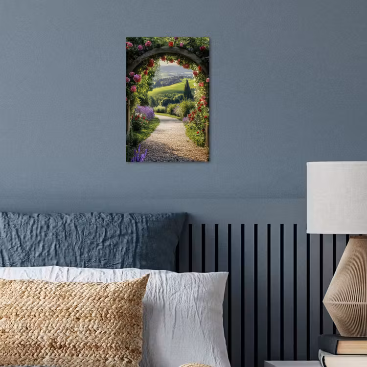Doorkijk - Tuinboog - Bloemen - Natuur - Pad poster papier klein -sfeer2