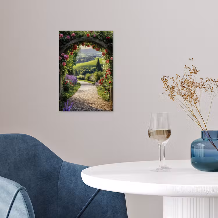 Doorkijk - Tuinboog - Bloemen - Natuur - Pad poster papier klein -sfeer3