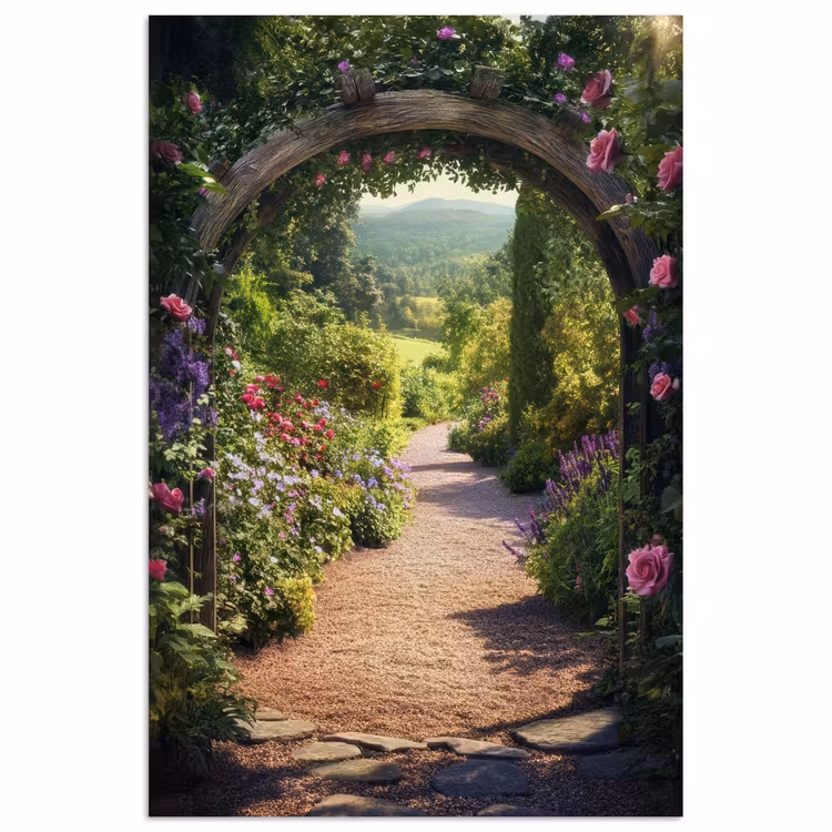 Doorkijk - Bloemen - Natuur - Rozenboog poster papier klein -3d