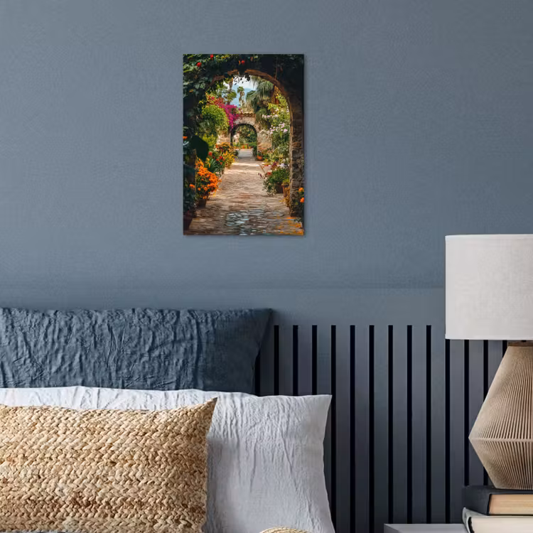 Doorkijk - Bloemen - Poort - Stenen poster papier klein -sfeer2