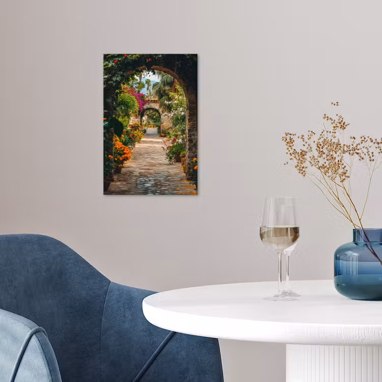 Doorkijk - Bloemen - Poort - Stenen poster papier klein -sfeer3