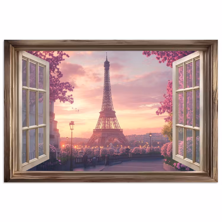 Doorkijk - Parijs - Eiffeltoren - Roze - Kersenbloesem poster papier klein -3d