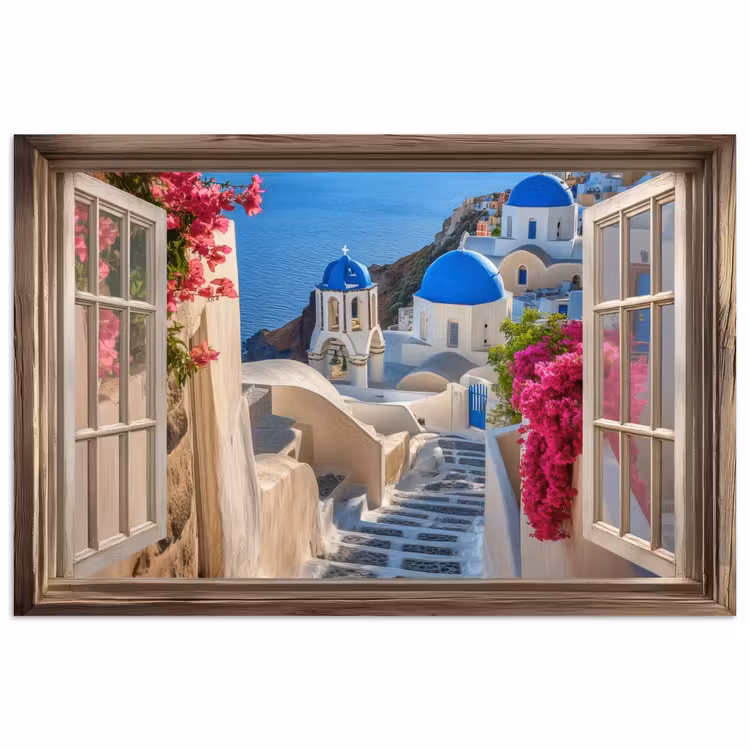 Doorkijk - Santorini - Landschap - Blauw - Grieks poster papier klein -3d