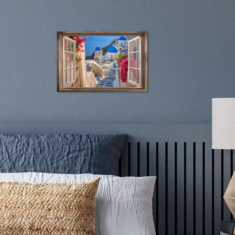 Doorkijk - Santorini - Landschap - Blauw - Grieks poster papier klein -sfeer2