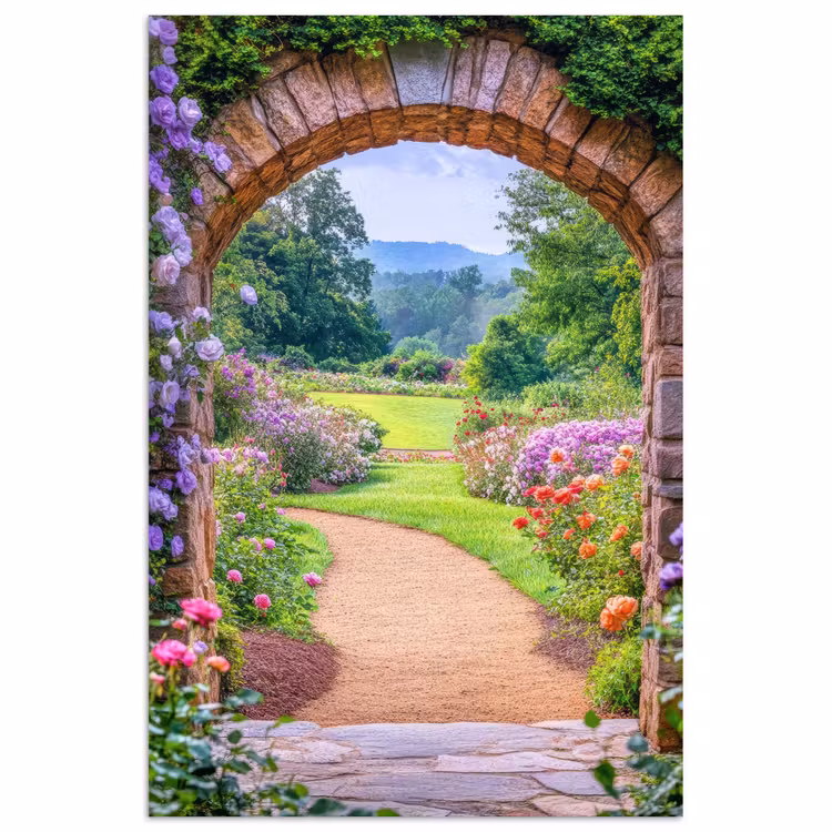 Doorkijk - Poort - Bloemen - Tuin poster papier klein -3d