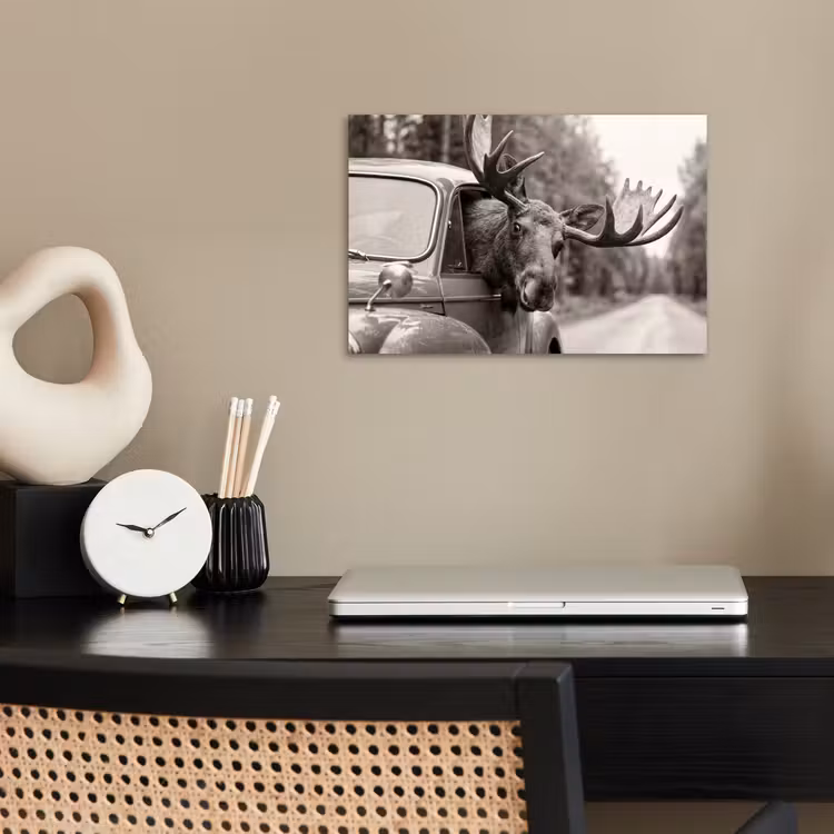 Eland - Auto - Gewei - Zwart - Wit poster papier klein -sfeer1
