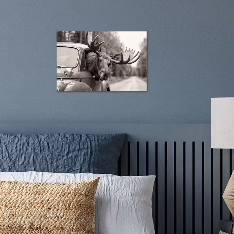 Eland - Auto - Gewei - Zwart - Wit poster papier klein -sfeer2