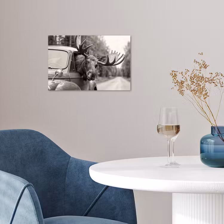 Eland - Auto - Gewei - Zwart - Wit poster papier klein -sfeer3