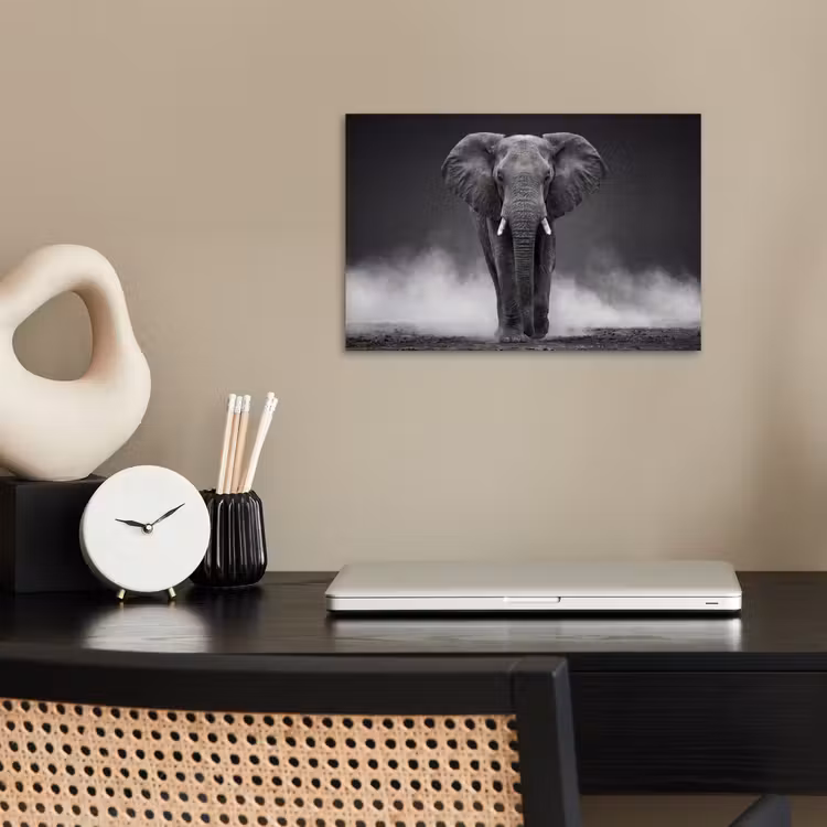 Olifant - Zwart - Wit - Rook poster papier klein -sfeer1