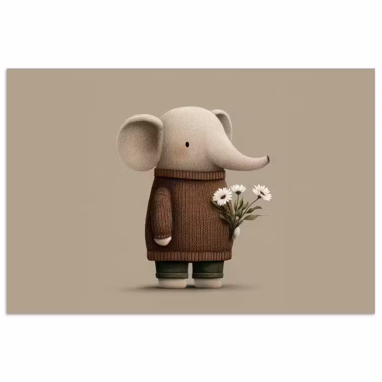 Olifant - Witte bloemen - Kindvriendelijk poster papier klein -3d