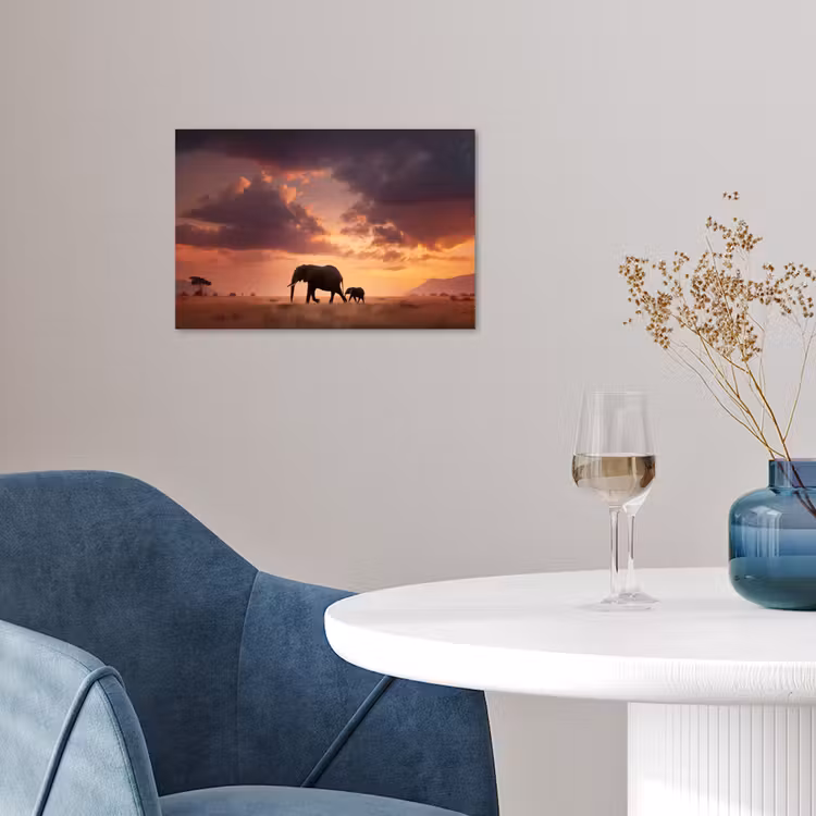 Olifanten - Grasland - Zonsondergang poster papier klein -sfeer3