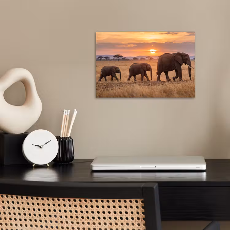 Olifanten - Savanne - Zonsondergang - Afrika - Warm poster papier klein -sfeer1