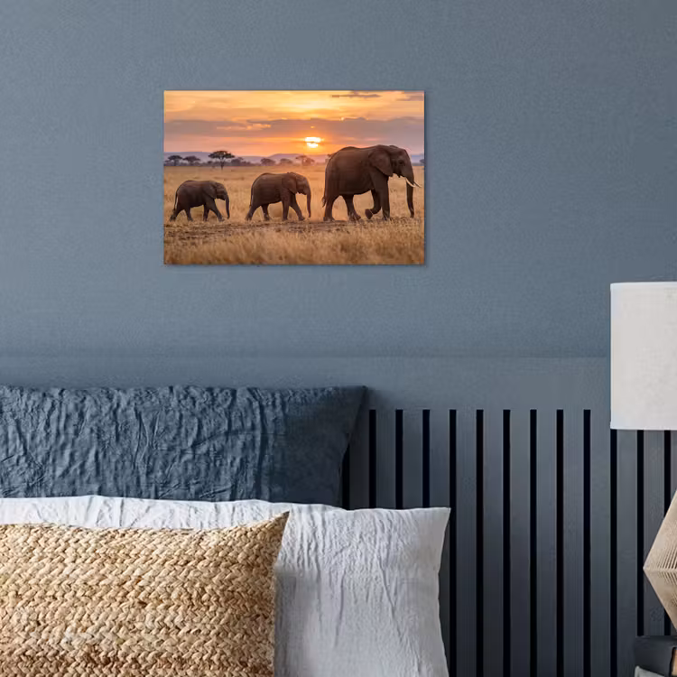 Olifanten - Savanne - Zonsondergang - Afrika - Warm poster papier klein -sfeer2