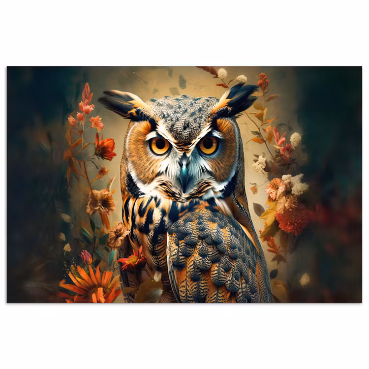 Uil - Vogel - Bloemen - Planten - Botanisch poster papier klein -3d