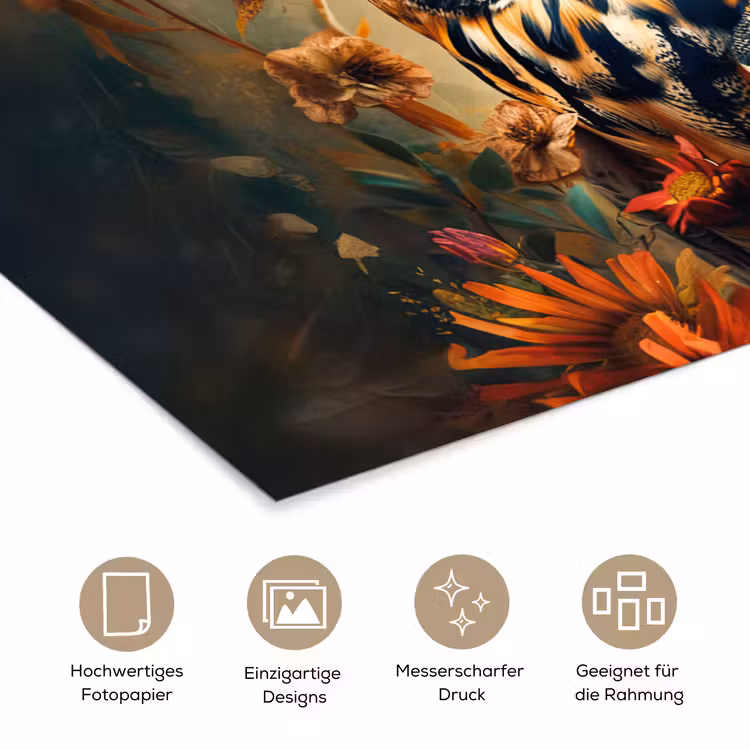 Uil - Vogel - Bloemen - Planten - Botanisch poster papier klein -tcloseup_DE
