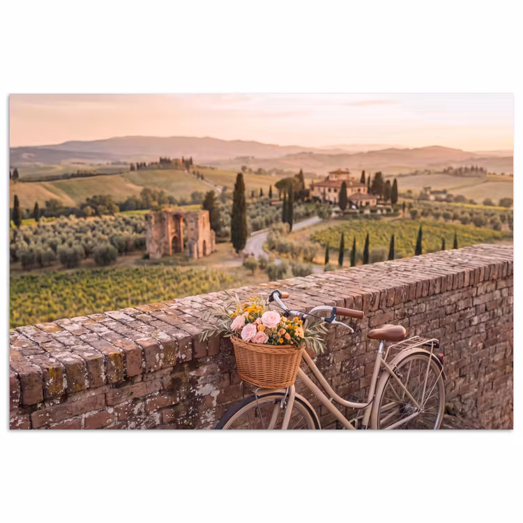 Fiets - Bloemen - Toscane - Landschap - Roze poster papier klein -3d