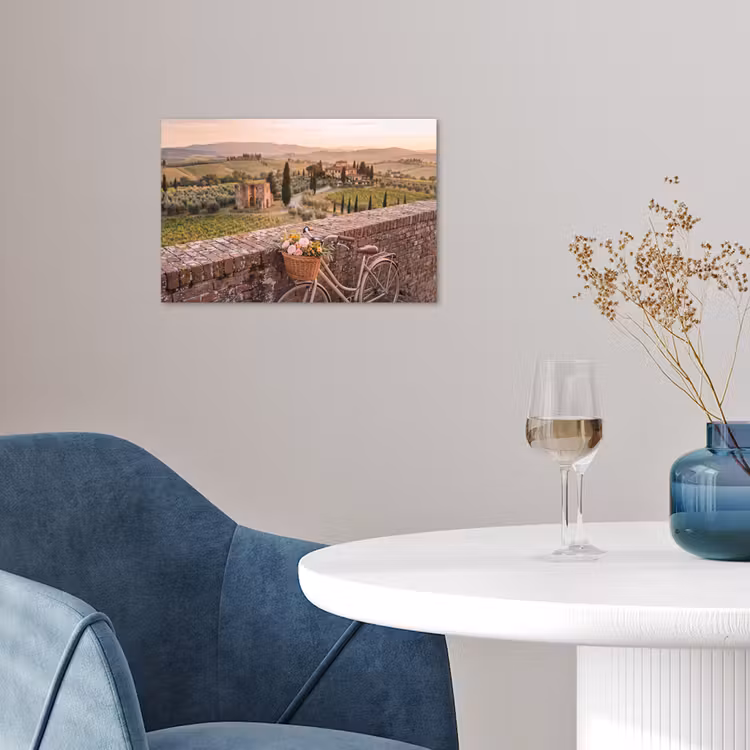 Fiets - Bloemen - Toscane - Landschap - Roze poster papier klein -sfeer3