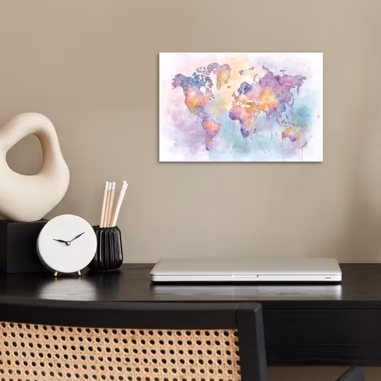 Verf - Wereldkaart - Druppels - Paars poster papier klein -sfeer1