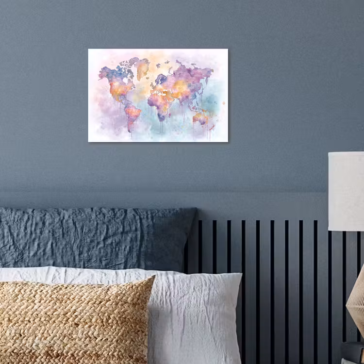 Verf - Wereldkaart - Druppels - Paars poster papier klein -sfeer2