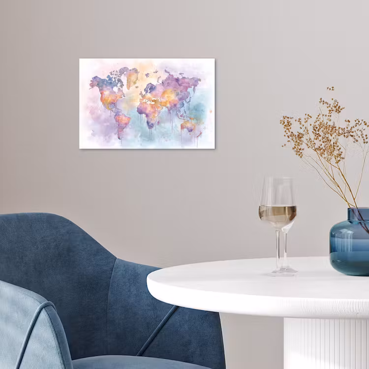 Verf - Wereldkaart - Druppels - Paars poster papier klein -sfeer3