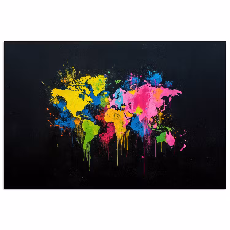 Verfspatten - Explosie - Kleurrijk - Wereldkaart poster papier klein -3d