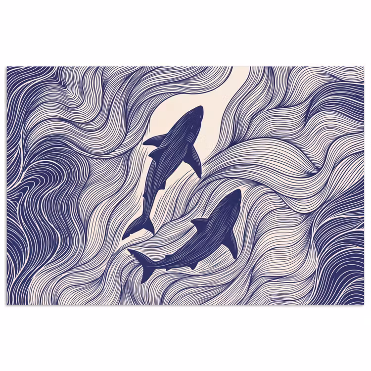 Vis - Oceaan - Lijntekening - Blauw - Dieren poster papier klein -3d