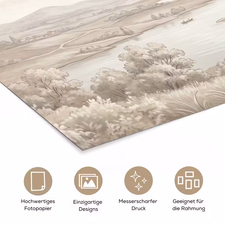Rivierlandschap - Bergen - Natuur - Vintage - Beige poster papier klein -tcloseup_DE