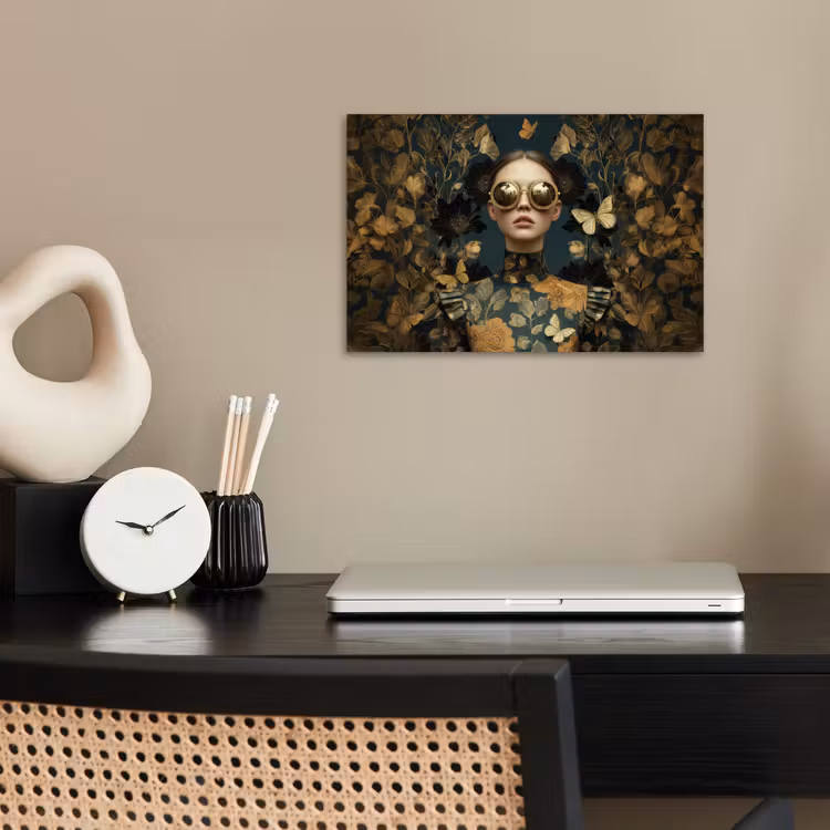 Vrouw - Bladeren - Goud - Vlinders poster papier klein -sfeer1