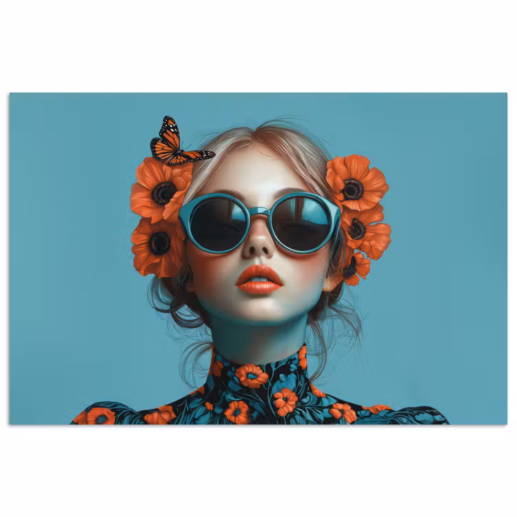 Vrouw - Blauw - Vlinder - Bloemen - Aesthetic poster papier klein -3d