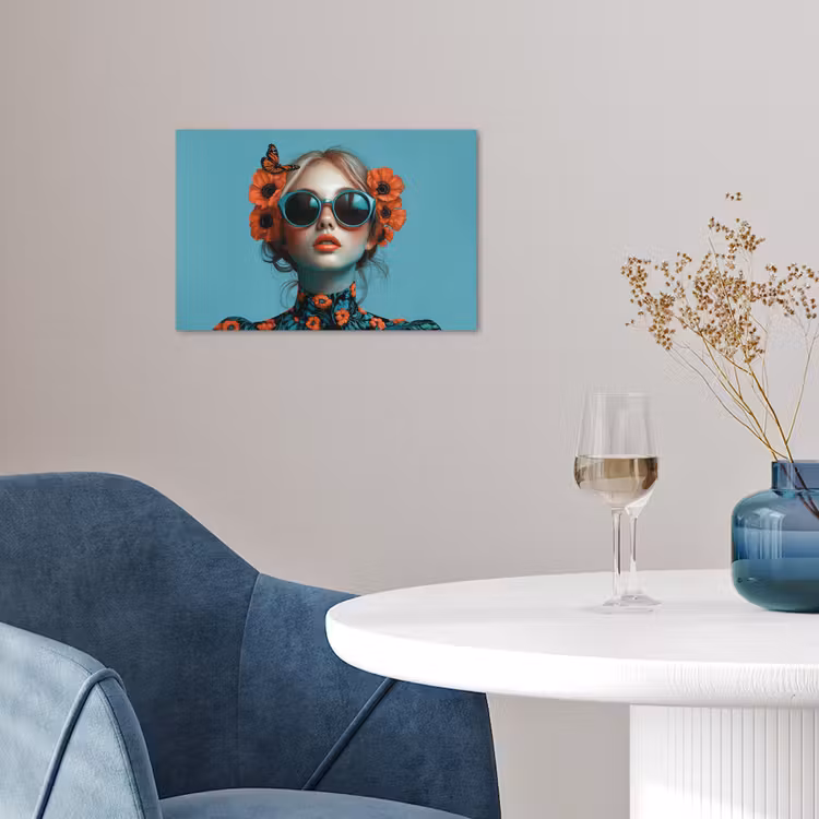 Vrouw - Blauw - Vlinder - Bloemen - Aesthetic poster papier klein -sfeer3
